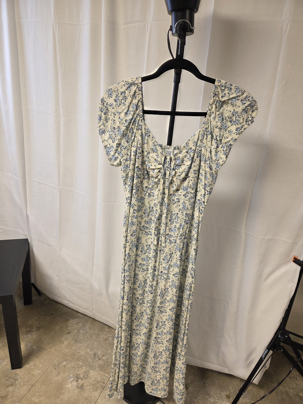 Women’s Floral Maxi Dress in Cream with Blue Print